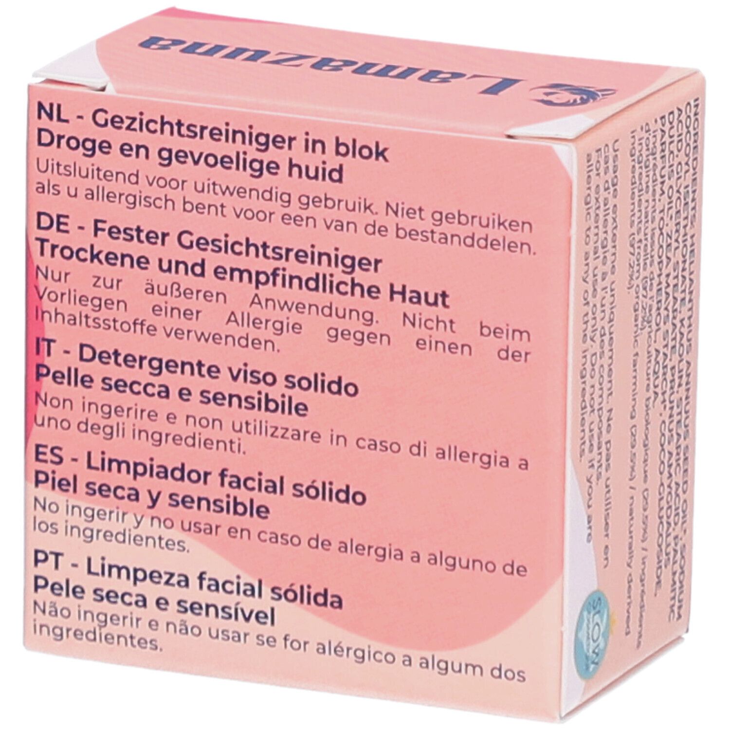 Boîte rose avec texte multilingue. Contient "Fester Gesichtsreiniger" et "Pelle secca e sensibile".