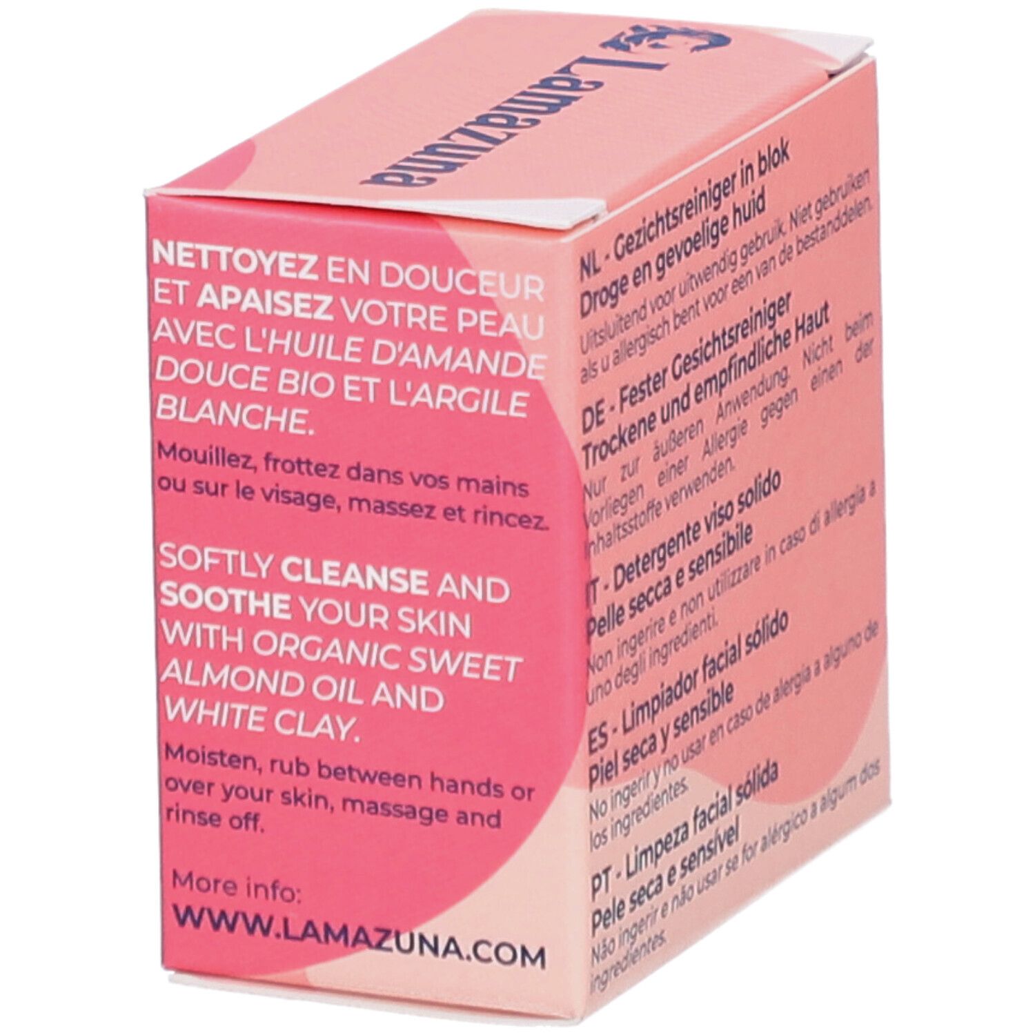 Boîte rose avec texte multilingue. Contient "SOOTHING FACIAL CLEANSER" et "WWW.LAMAZUNA.COM".