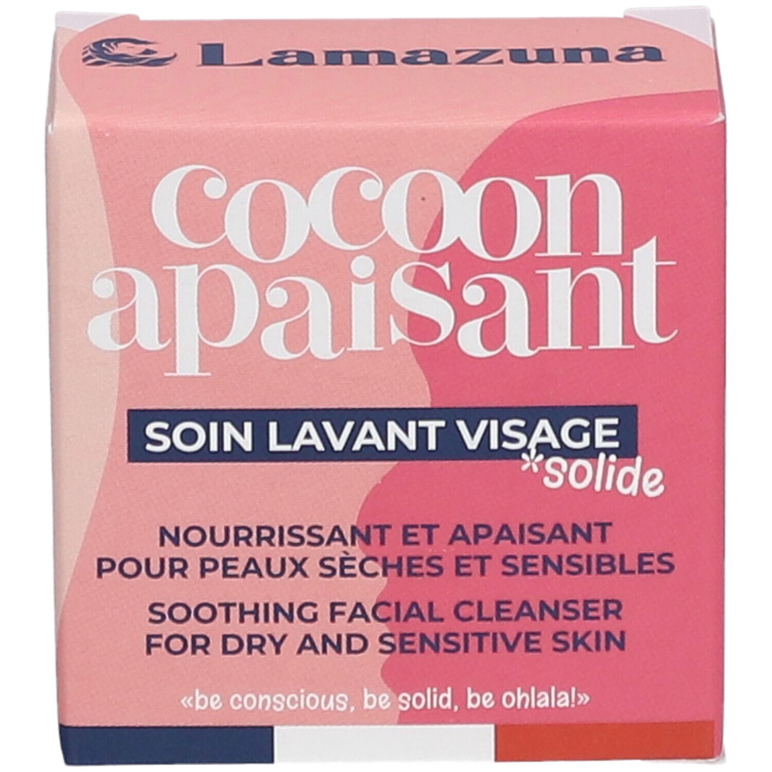 Boîte rose avec nom du produit et texte. Contient "SOIN LAVANT VISAGE *solide" et "SOOTHING FACIAL CLEANSER".