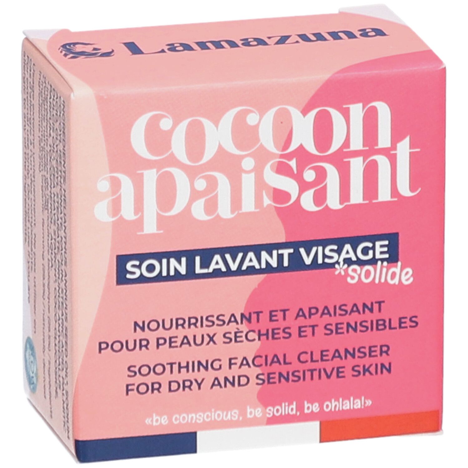 Boîte rose avec nom du produit et texte. Contient "SOIN LAVANT VISAGE *solide" et "SOOTHING FACIAL CLEANSER".