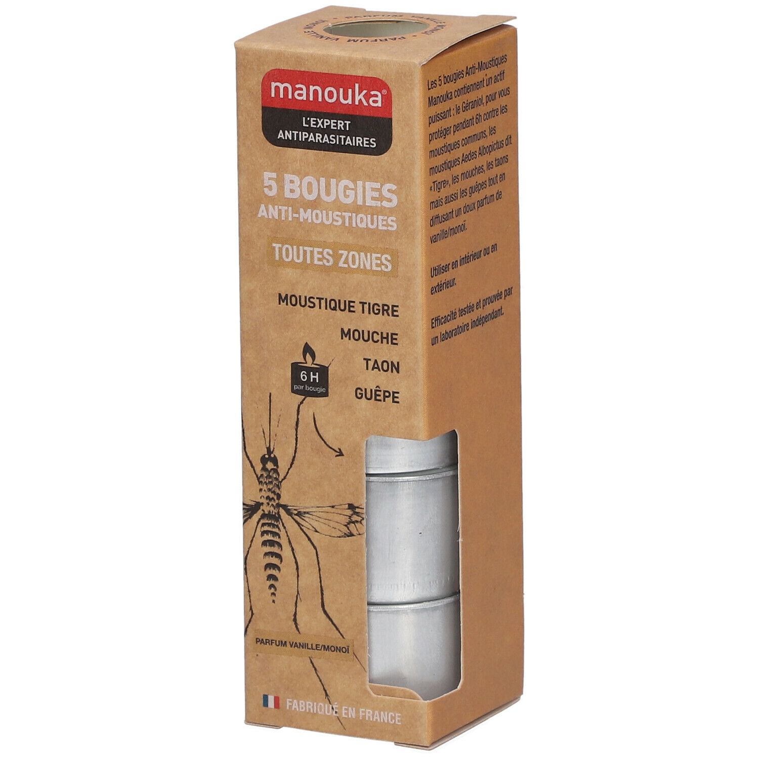 Boîte en carton de 5 bougies anti-moustiques. Marque: manouka®. Contient des bougies en coupelles métalliques.