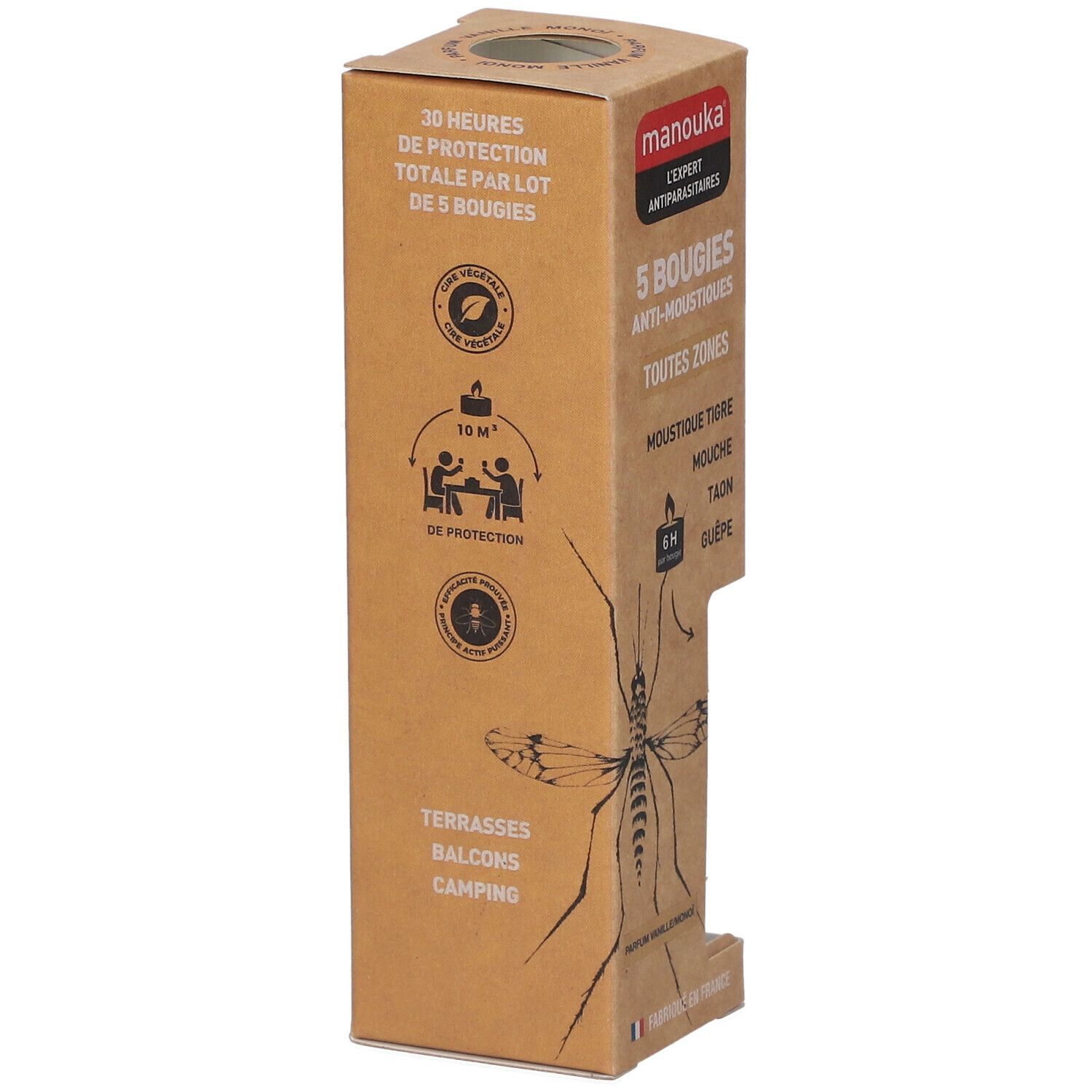 Boîte en carton de 5 bougies anti-moustiques. Marque: manouka®. Vue latérale avec informations produit.
