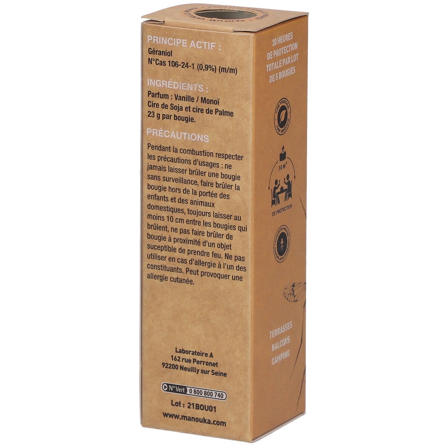 Dos de la boîte en carton avec informations produit. Contient ingrédients et précautions d'emploi.