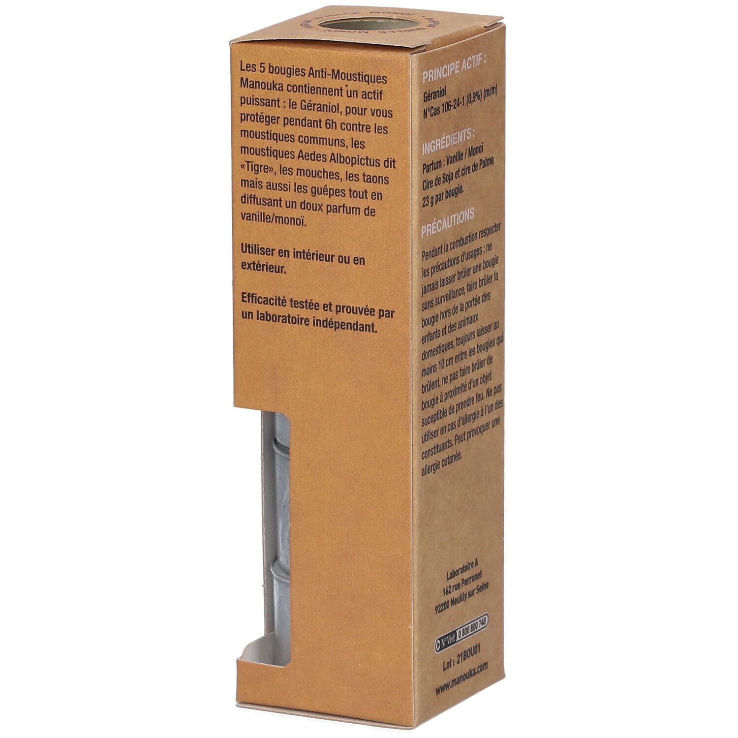 Boîte en carton de 5 bougies anti-moustiques. Marque: manouka®. Vue partielle avec bougies.