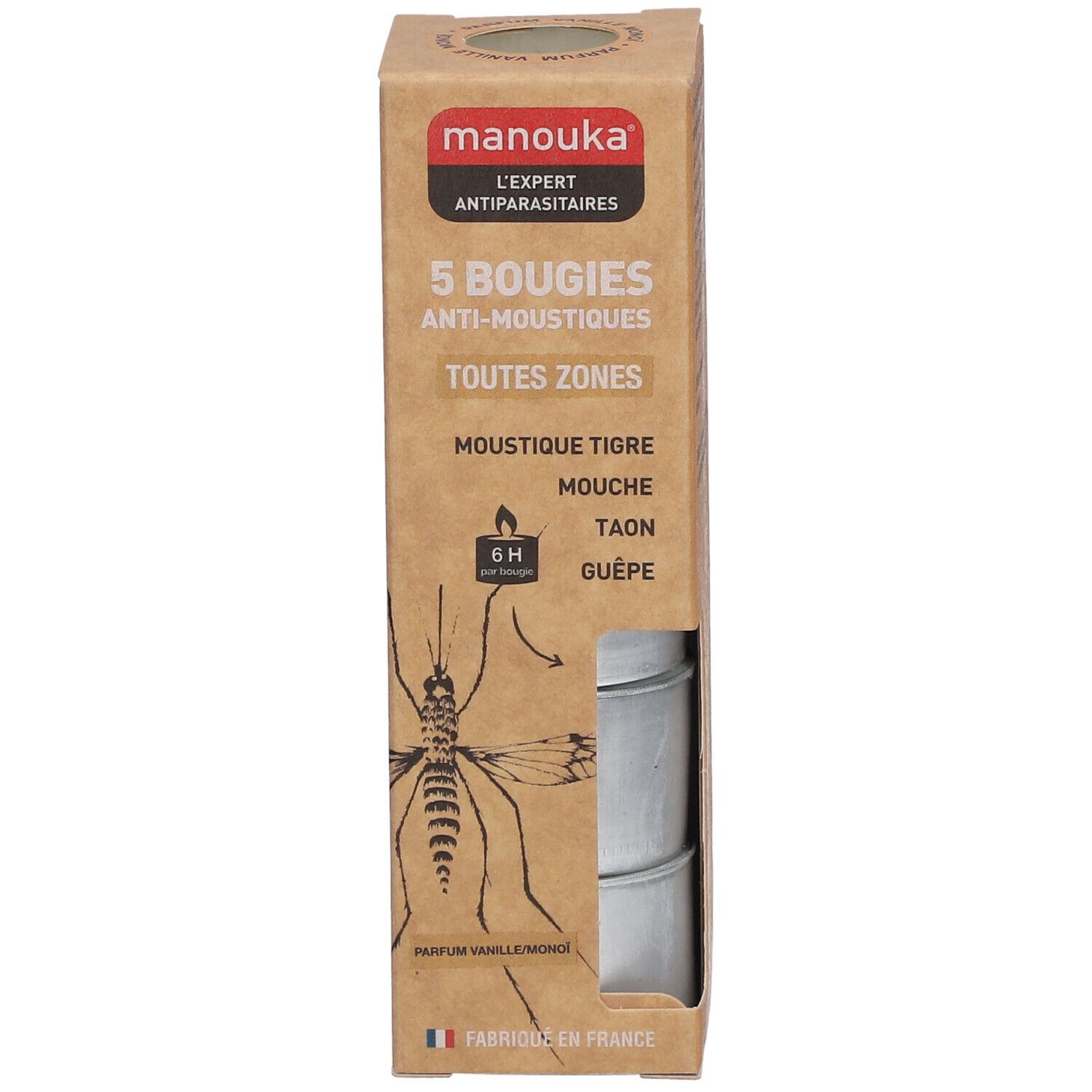 Boîte en carton de 5 bougies anti-moustiques. Marque: manouka®. Contient des bougies en coupelles métalliques.