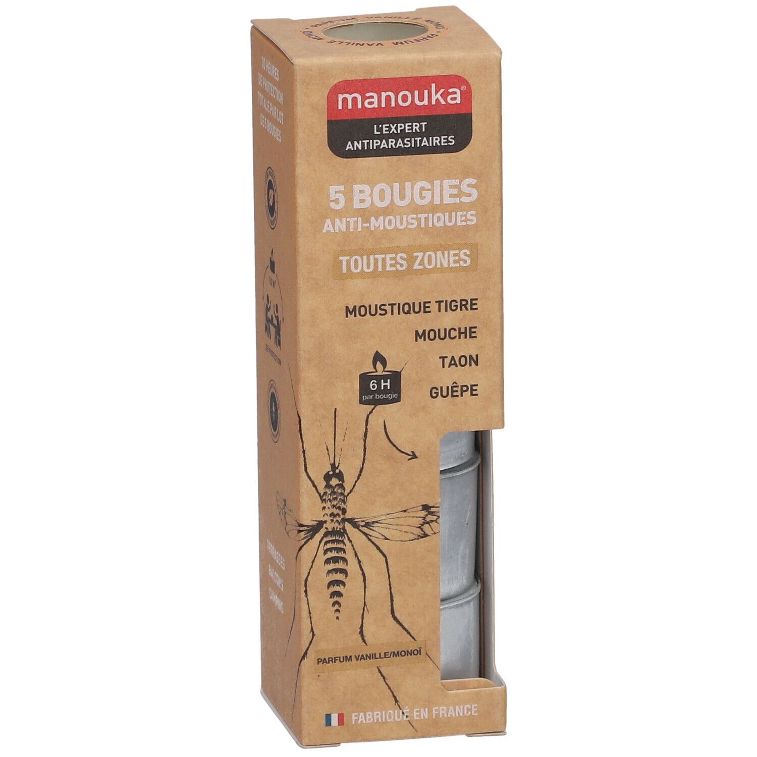 Boîte en carton de 5 bougies anti-moustiques. Marque: manouka®. Contient des bougies en coupelles métalliques.