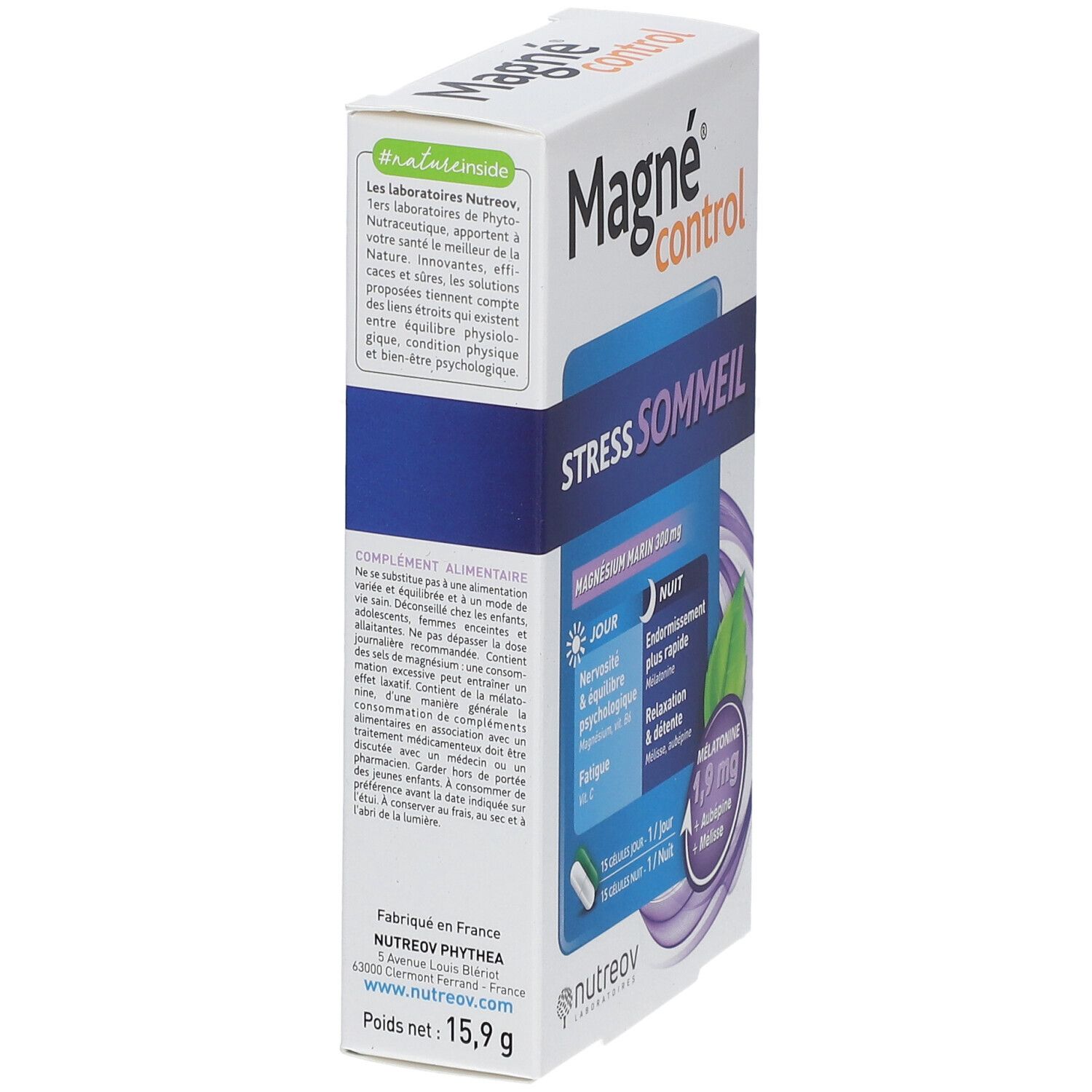 Boîte Nutreov Magné® control Stress SOMMER. Vue latérale avec texte et informations produit.
