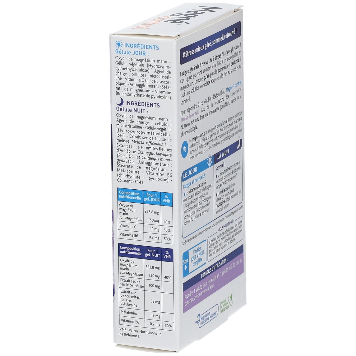 Vue latérale de la boîte Nutreov Magné® control Stress SOMMER. Ingrédients et informations nutritionnelles.