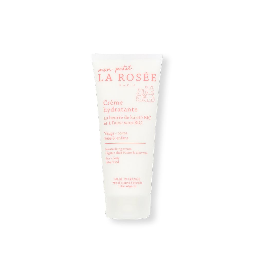 Tube blanc avec texte rose. LA ROSÉE, Crème hydratante, au beurre de karité BIO et à l'aloe vera BIO. Visage, corps, bébé & enfant.
