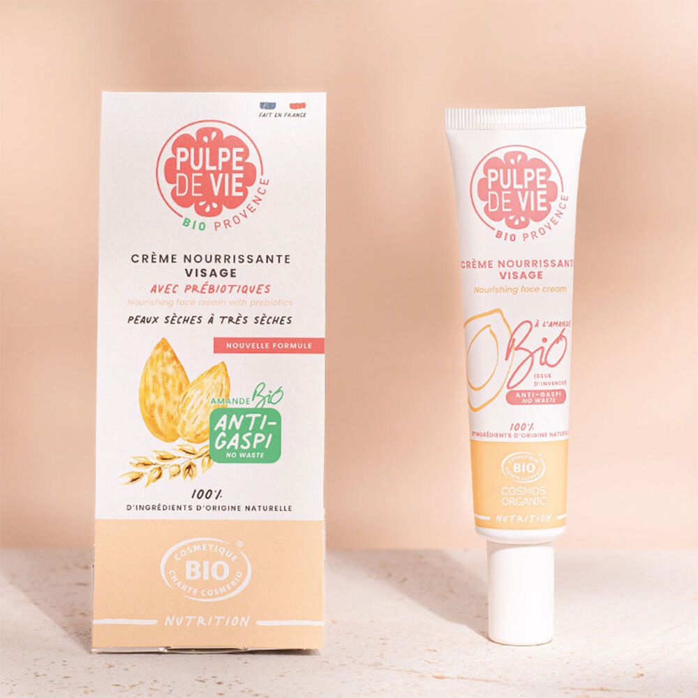 Emballage et tube. "Pulpe de Vie". Crème nourrissante visage. Logo Bio. Beige et blanc.