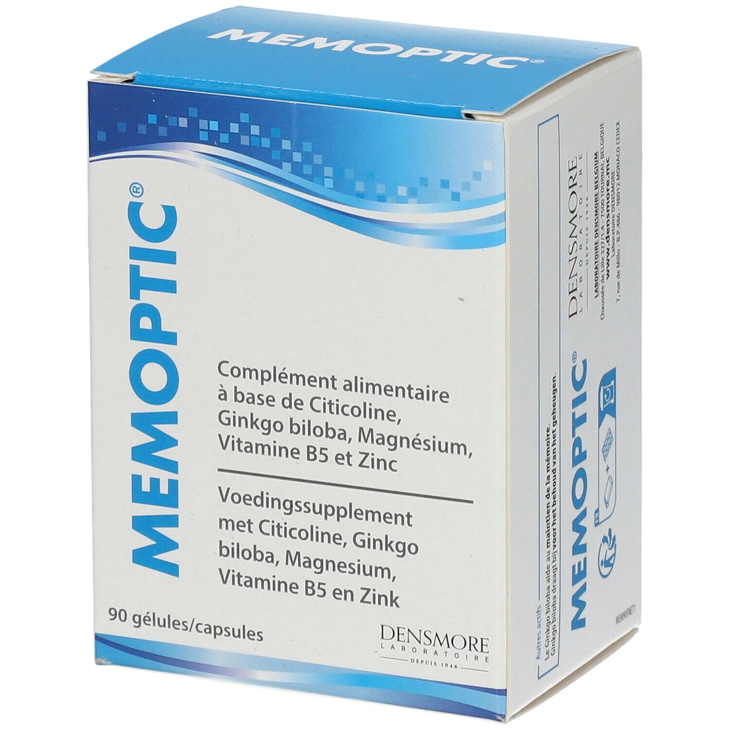Boîte MEMOPTIC®. Boîte bleue avec texte blanc. Contient 90 gélules. Ingrédients : Citicoline, Ginkgo biloba, Magnésium, Vitamine B5 et Zinc.
