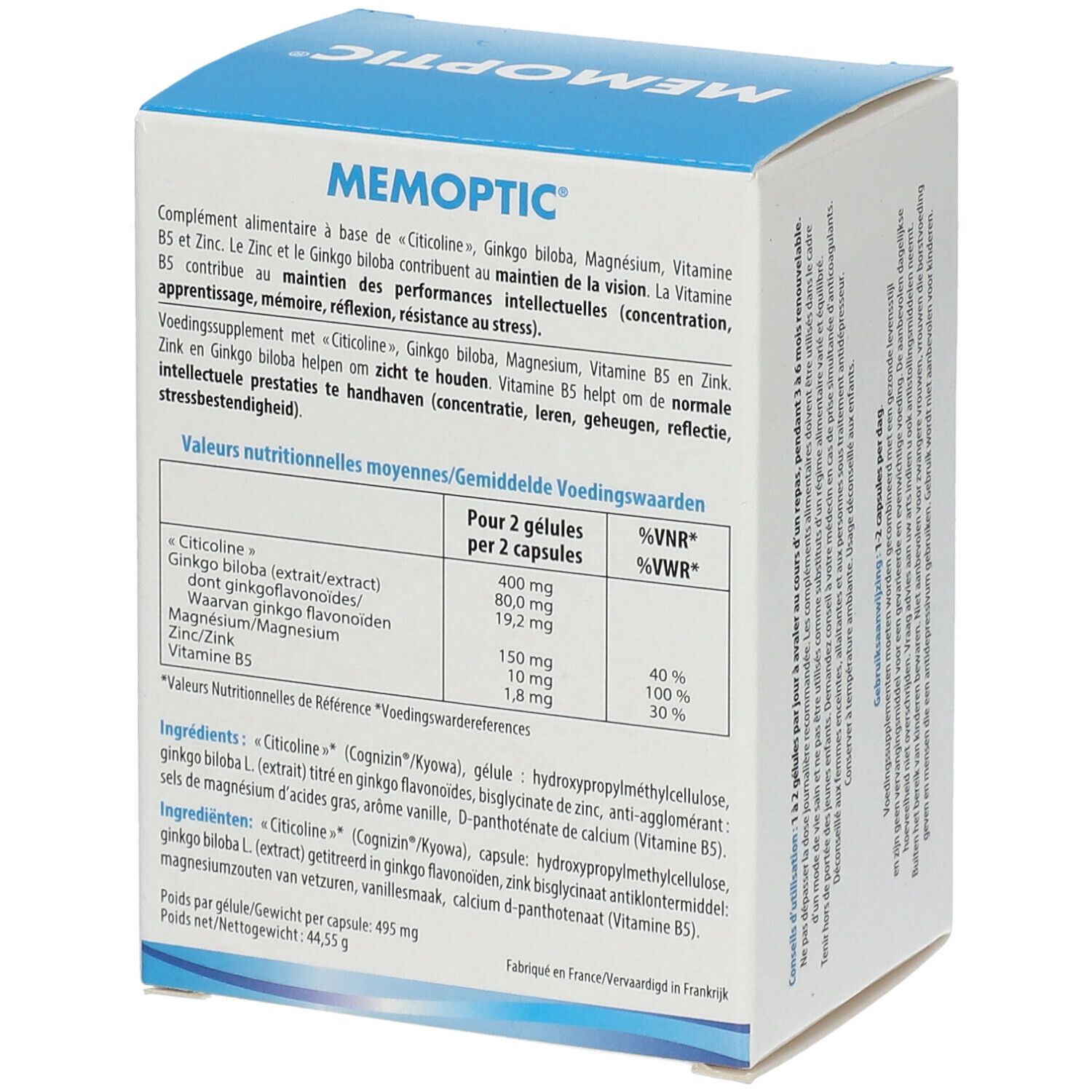 Boîte MEMOPTIC®. Boîte bleue avec texte blanc. Informations nutritionnelles et ingrédients au dos.