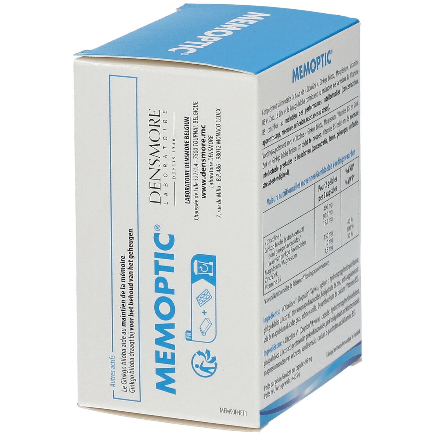 Boîte MEMOPTIC®. Boîte bleue avec texte blanc. Contient 90 gélules. Logo Densmore. Informations supplémentaires sur le côté.