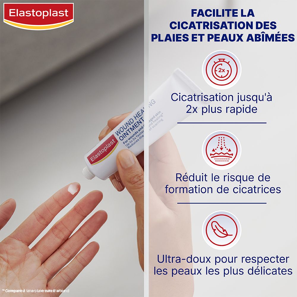Main avec crème de pommade cicatrisante Elastoplast. Texte: Wund Healing Ointment. Favorise la cicatrisation.