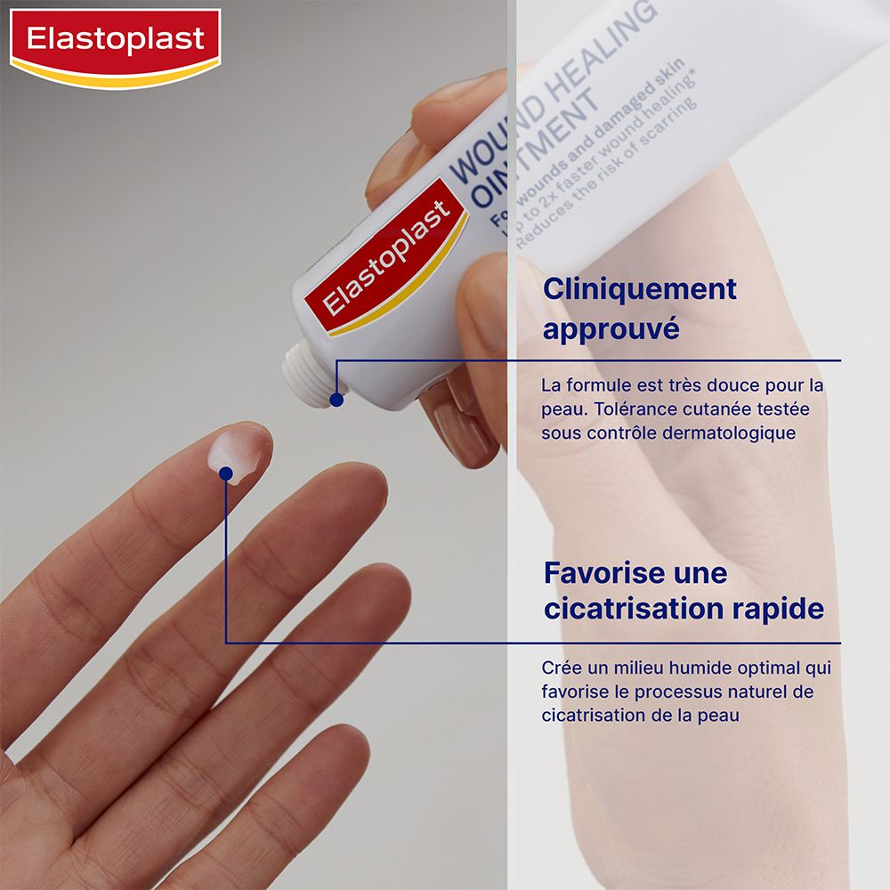Main avec crème de pommade cicatrisante Elastoplast. Texte: Cliniquement approuvé. Favorise la cicatrisation.