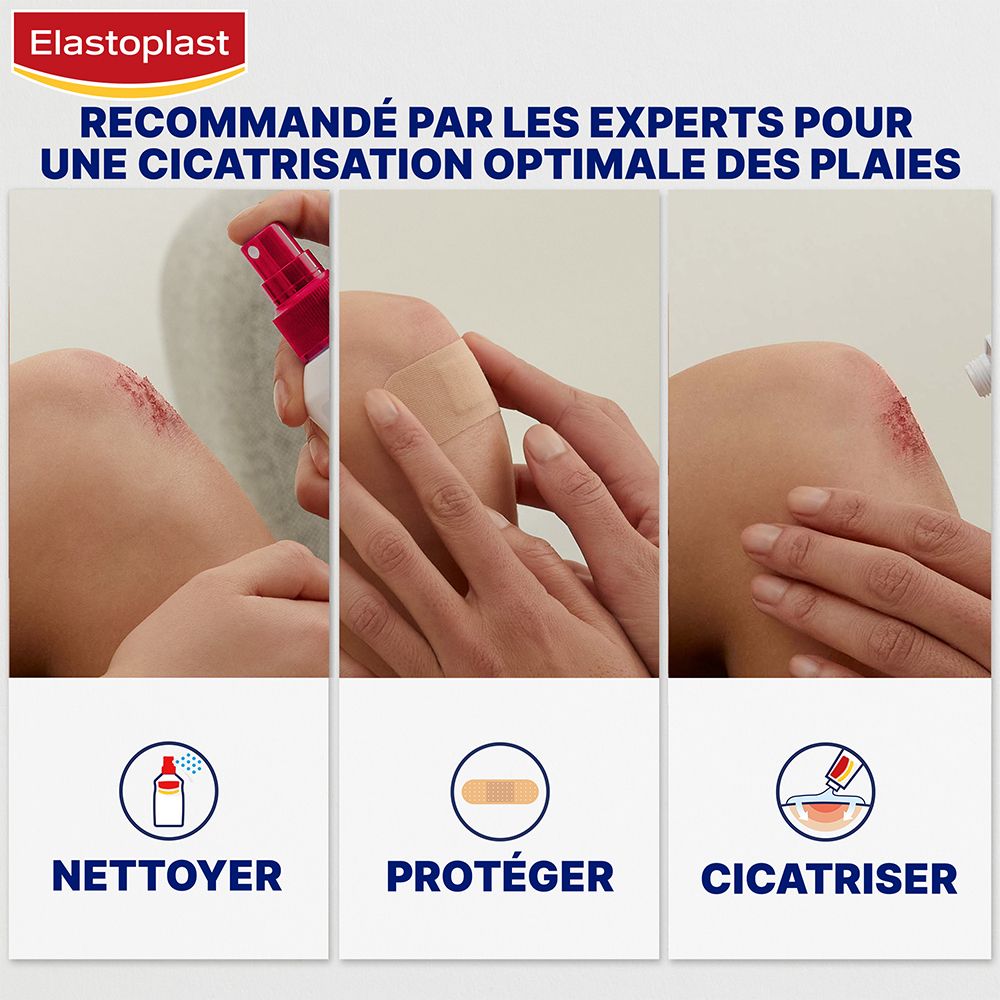 Trois images: Nettoyer, Protéger, Cicatriser. Texte: Recommandé pour une cicatrisation optimale.
