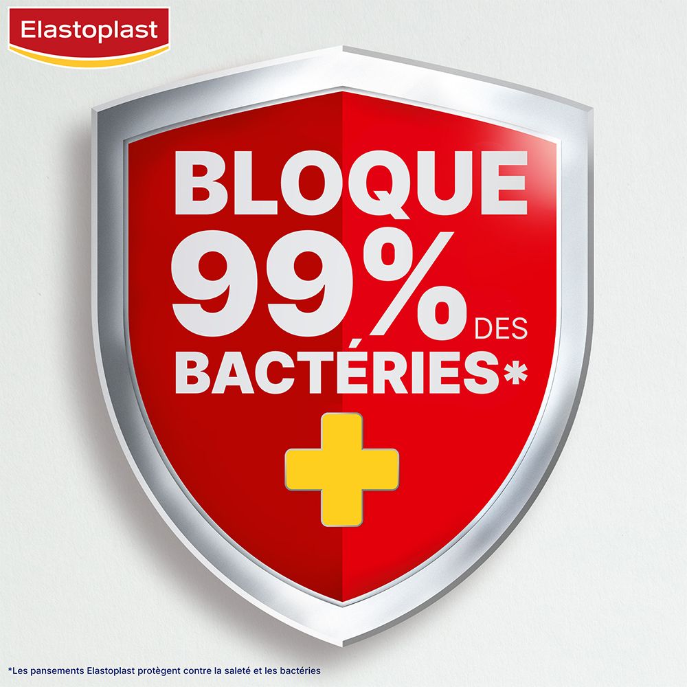 Écusson rouge avec croix jaune. Texte: Bloque 99% des bactéries.