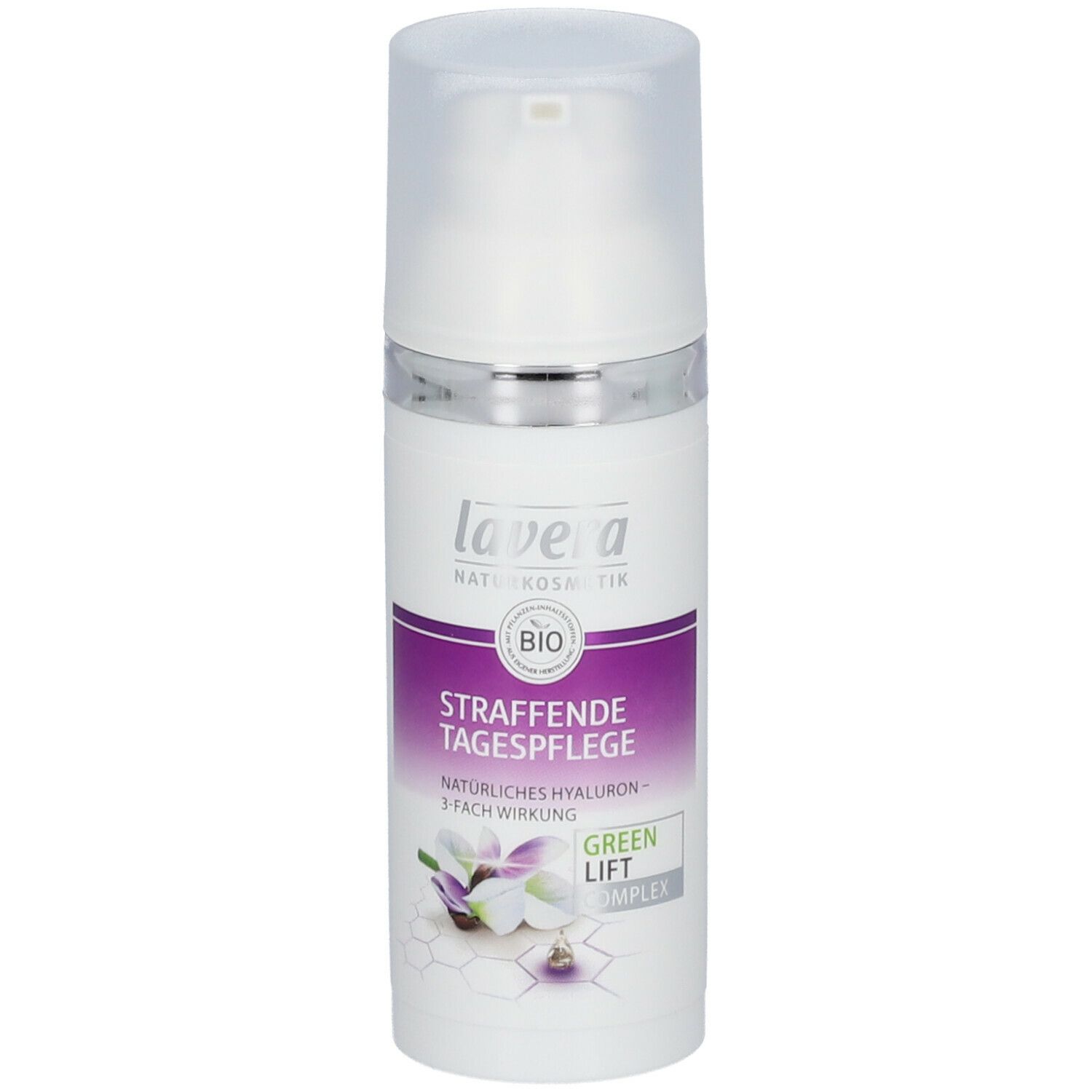 Flacon blanc avec pompe. Inscription : lavera, BIO, Straffende Tagespflege, Green Lift Complex.