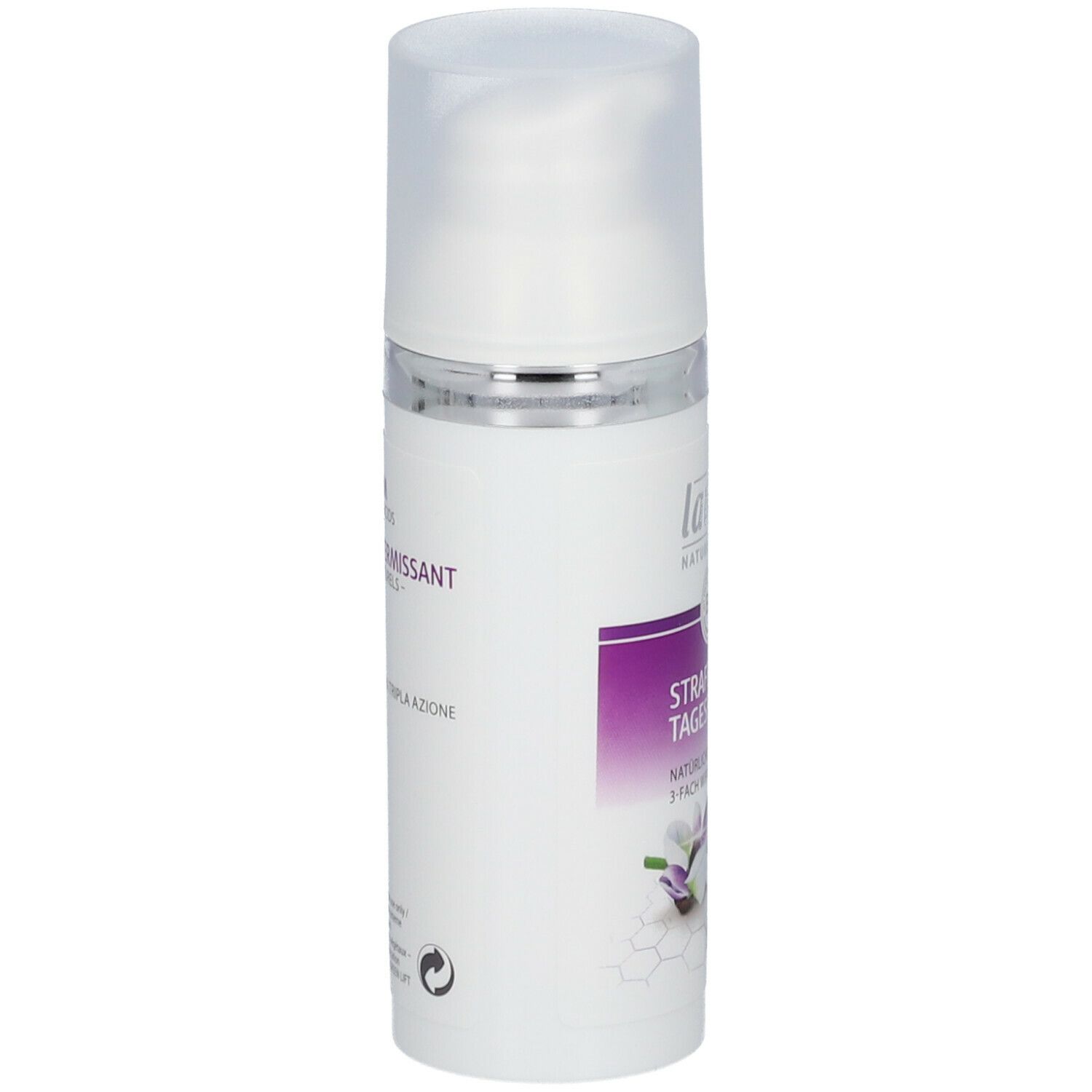 Flacon blanc avec pompe. Inscription : lavera, Straffende Tagespflege, Naturkosmetik, BIO.