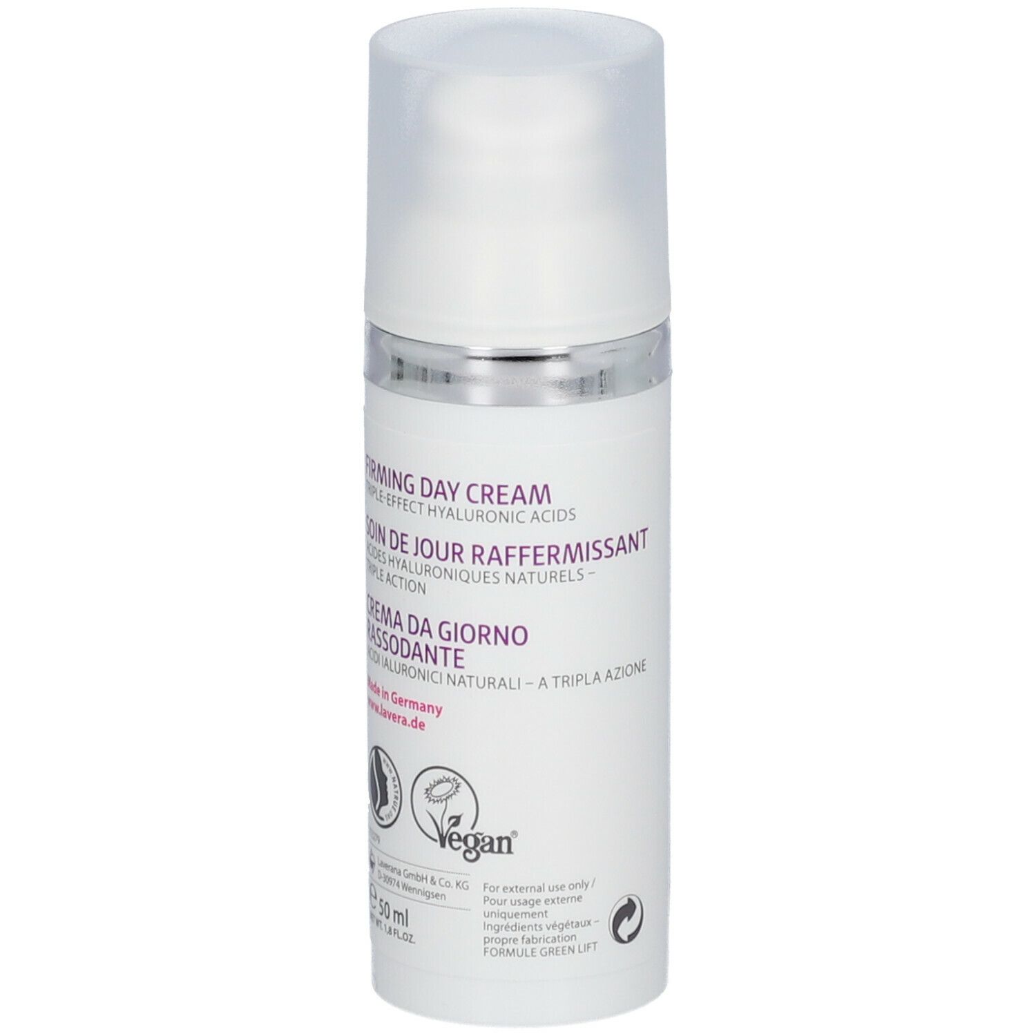 Flacon blanc avec pompe. Inscription : Firming Day Cream, Crème de jour raffermissante, Vegan.