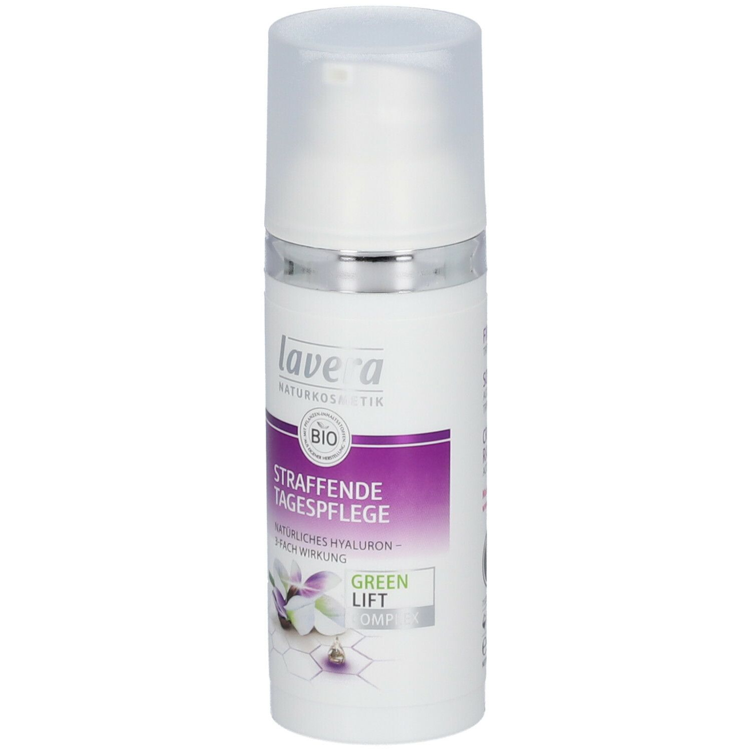 Flacon blanc avec pompe. Inscription : lavera, BIO, Straffende Tagespflege, Green Lift Complex.