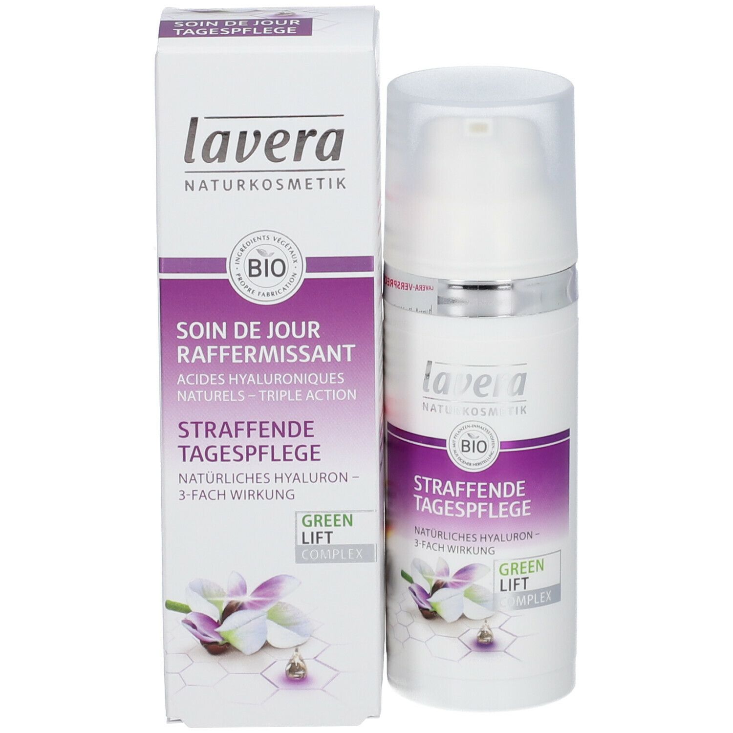Produit et emballage. Flacon blanc et carton. Inscription : lavera, Straffende Tagespflege, BIO.