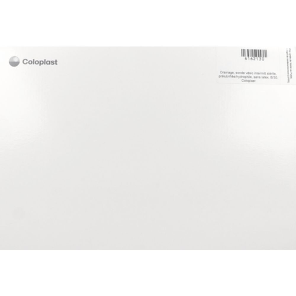 Emballage blanc avec logo Coloplast et texte. Code-barres et informations produit à droite.