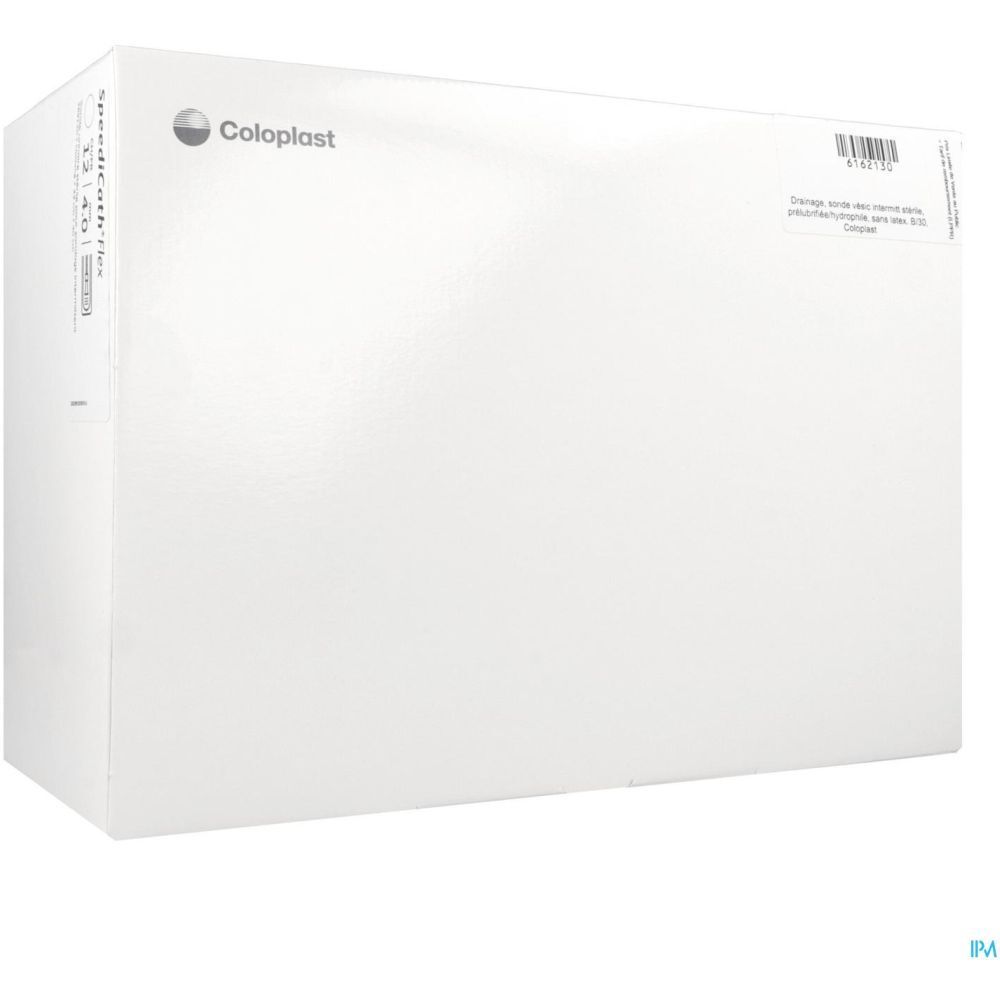 Boîte blanche avec logo Coloplast. Code-barres et informations produit à droite. Nom du produit à gauche.