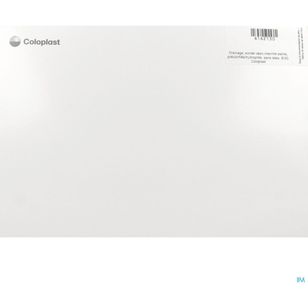 Emballage blanc avec logo Coloplast et texte. Code-barres et informations produit à droite.