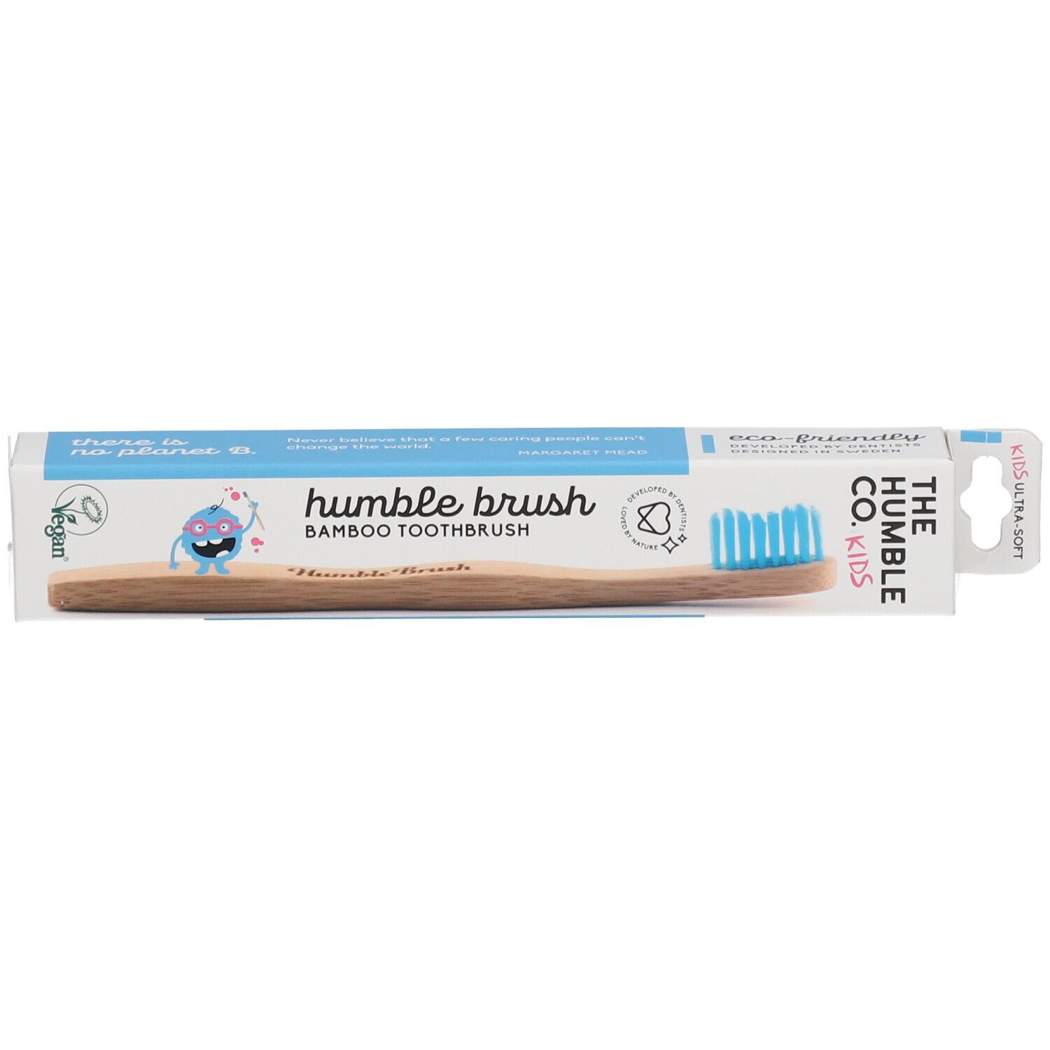 Zahnbürste für Kinder, blau, in Verpackung. Bambusgriff, blaue Borsten. Verpackung mit Logo und Text.