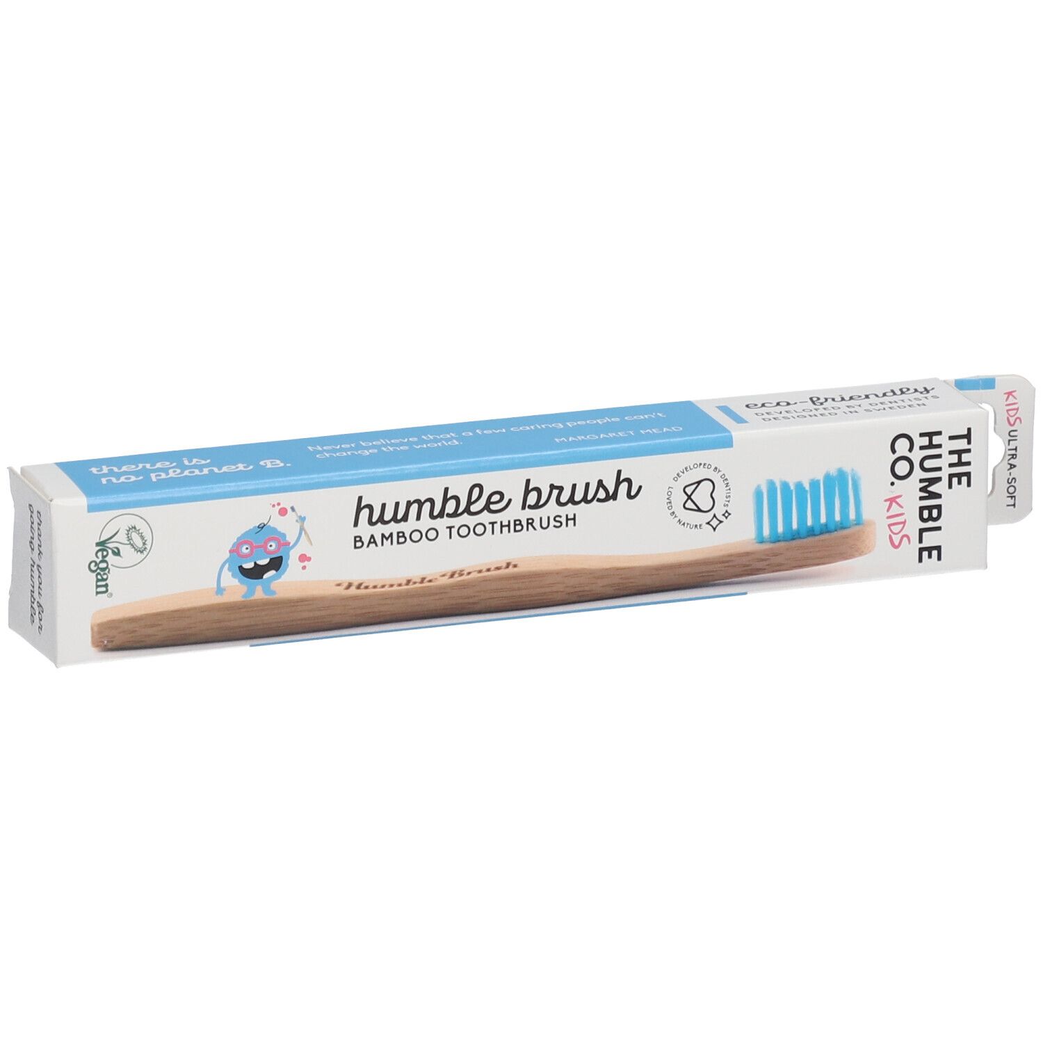 Zahnbürste für Kinder, blau, in Verpackung. Bambusgriff, blaue Borsten. Verpackung mit Logo und Text.