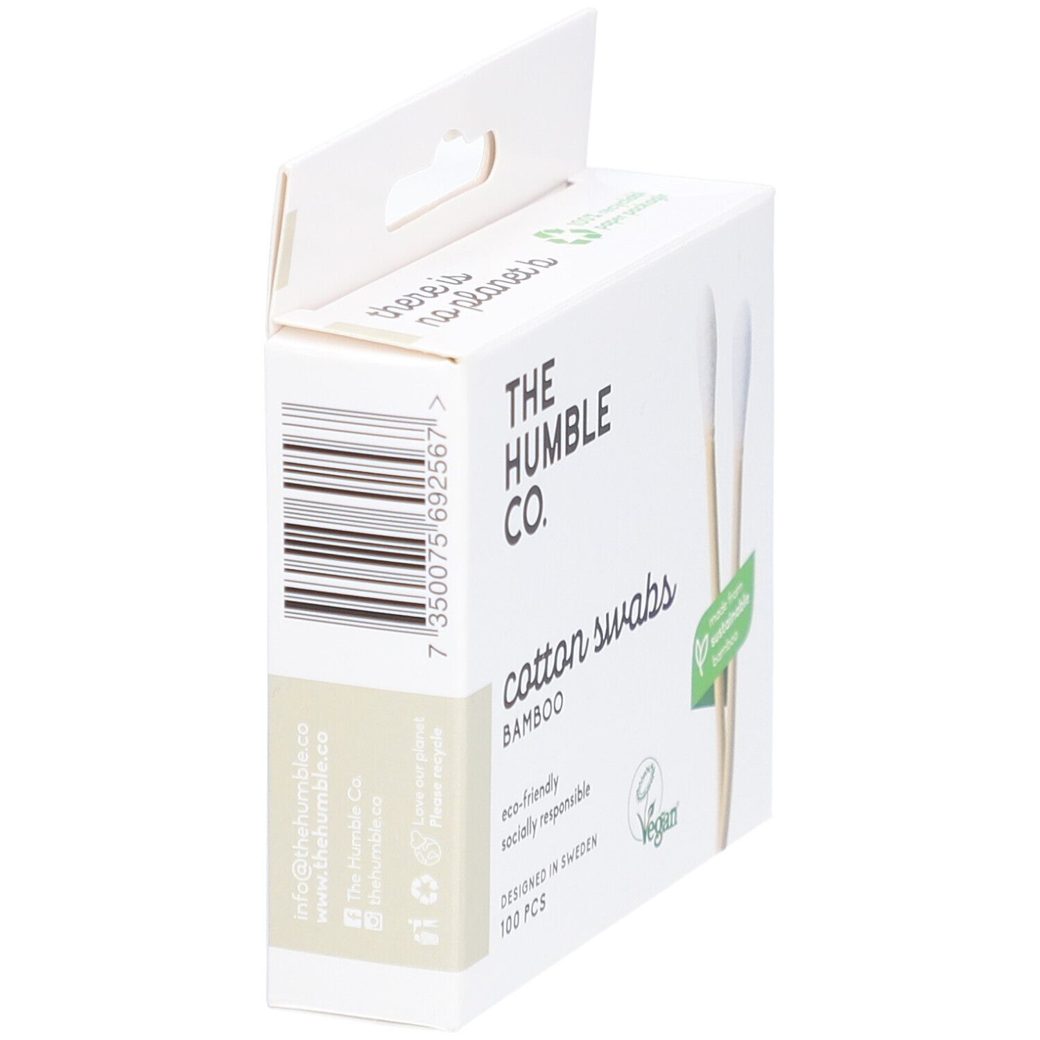 Weiße Pappschachtel mit Bambus-Wattestäbchen. Aufschrift: The Humble Co., Cotton Swabs, Bambus, 100 Stück. Barcode.