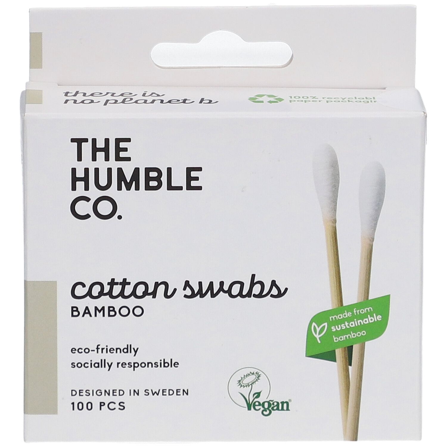 Weiße Pappschachtel mit Bambus-Wattestäbchen. Aufschrift: The Humble Co., Cotton Swabs, Bambus, 100 Stück. Sichtbare Wattestäbchen.