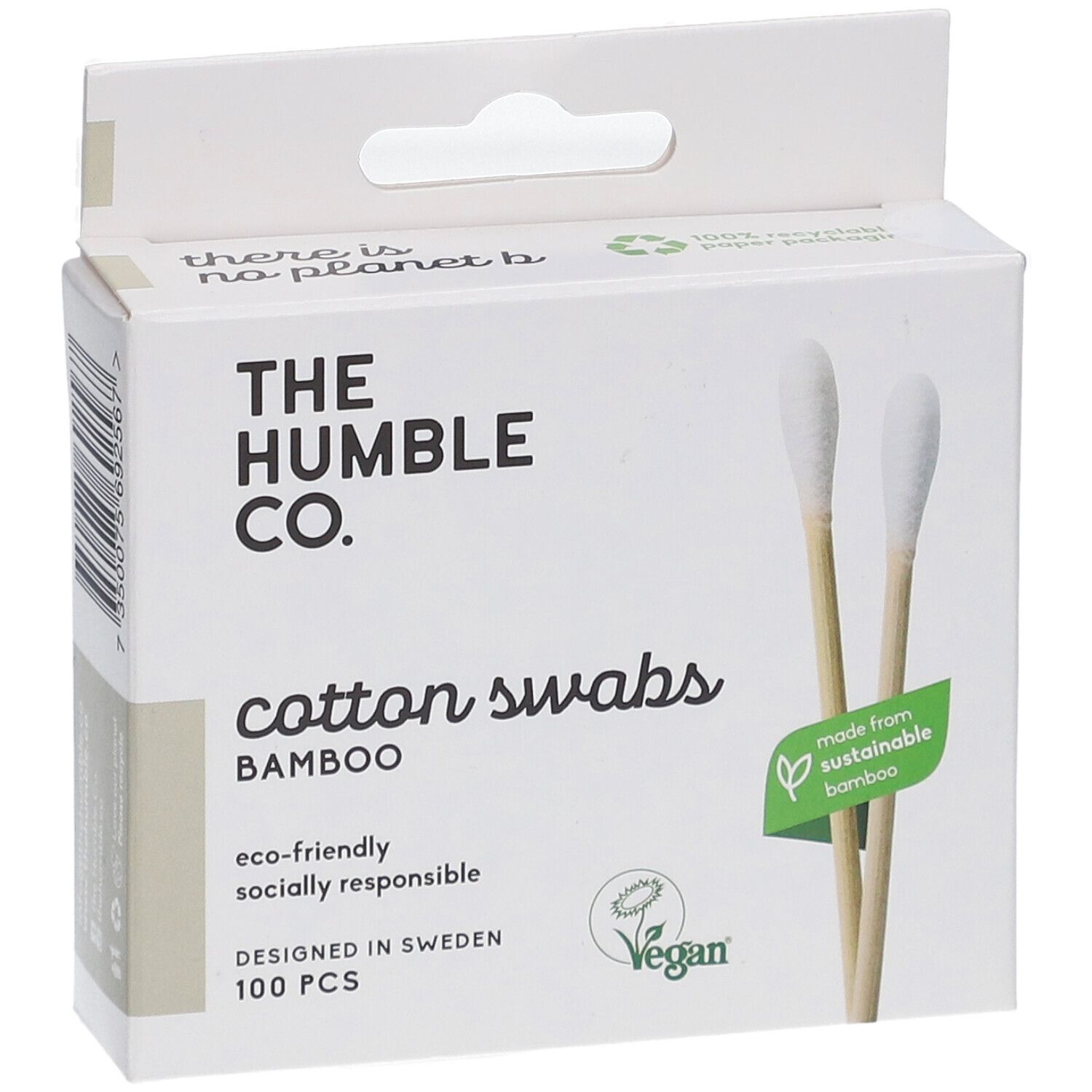 Weiße Pappschachtel mit Bambus-Wattestäbchen. Aufschrift: The Humble Co., Cotton Swabs, Bambus, 100 Stück. Grün-Logo.