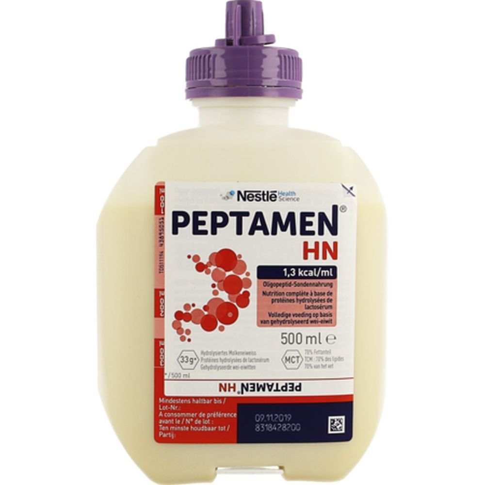 Bouteille Peptamen HN. Liquide blanc-beige. Bouchon violet. Étiquettes rouges et blanches avec texte. 500 ml.