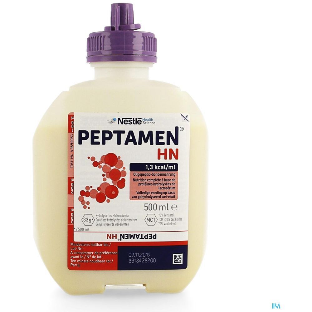 Bouteille Peptamen HN. Liquide blanc-beige. Bouchon violet. Étiquettes rouges et blanches. 500 ml.