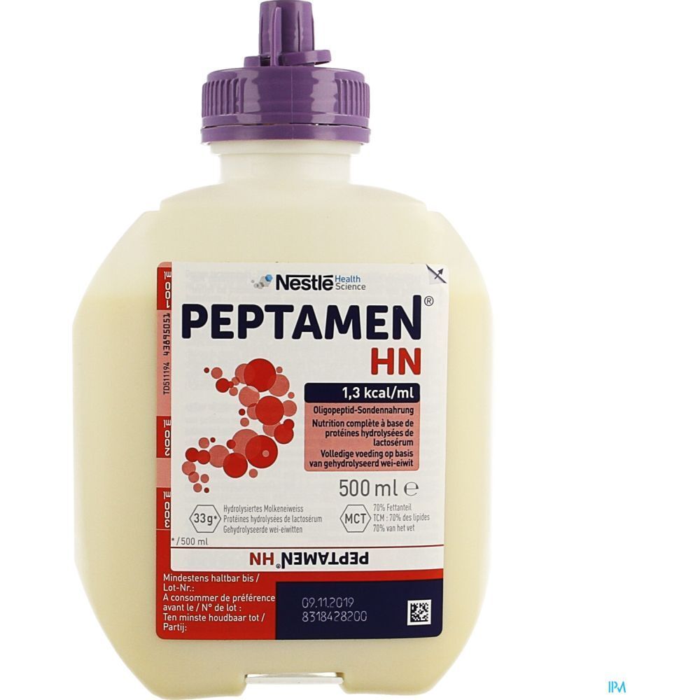 Bouteille Peptamen HN. Liquide blanc-beige. Bouchon violet. Étiquettes rouges et blanches. 500 ml.