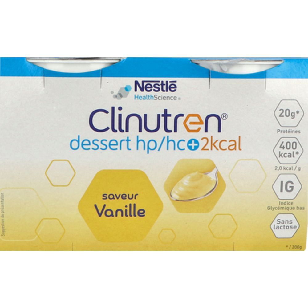 Emballage Clinutren Dessert HP HC+ 2kcal, saveur vanille. Contient 20g protéines, 400 kcal et sans lactose. Logo Nestle HealthScience.