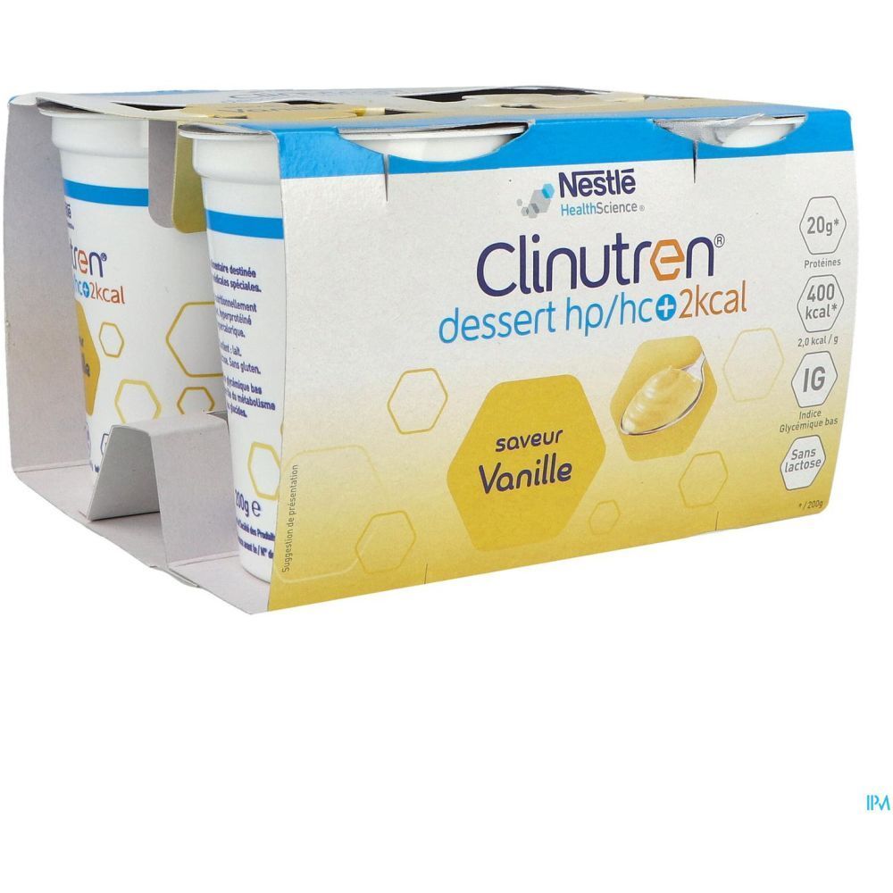 Emballage Clinutren Dessert HP HC+ 2kcal, vanille, dans carton. Contient 20g protéines, 400 kcal et sans lactose. Logo Nestle HealthScience.