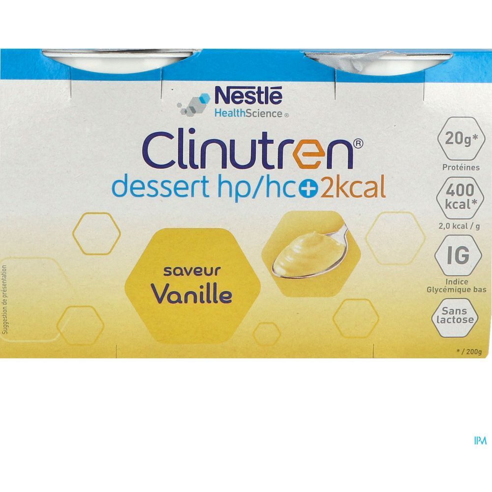 Clinutren Dessert HP HC+ 2kcal, saveur vanille. Contient 20g protéines, 400 kcal et sans lactose. Logo Nestle HealthScience.