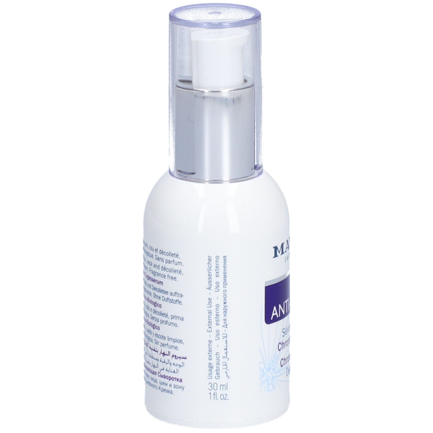 Weiße Flasche mit silbernem Pumpkopf. Aufschrift: MAVALA ANTI-AGE PRO, Day Serum. Rückseite mit Text.