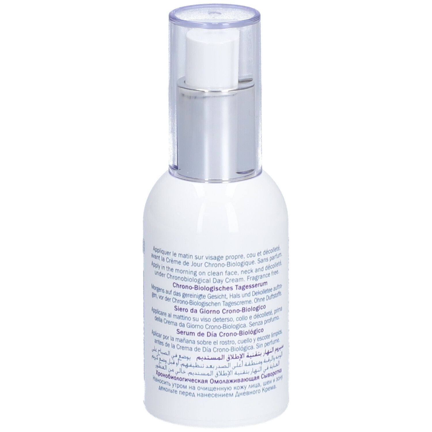 Weiße Flasche mit silbernem Pumpkopf. Aufschrift: MAVALA ANTI-AGE PRO, Day Serum. Rückseite mit Text.
