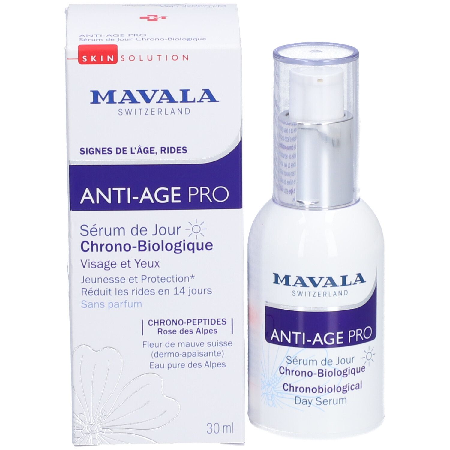 Produktflasche und Verpackung. Aufschrift: MAVALA ANTI-AGE PRO, Day Serum. Verpackung mit Text.