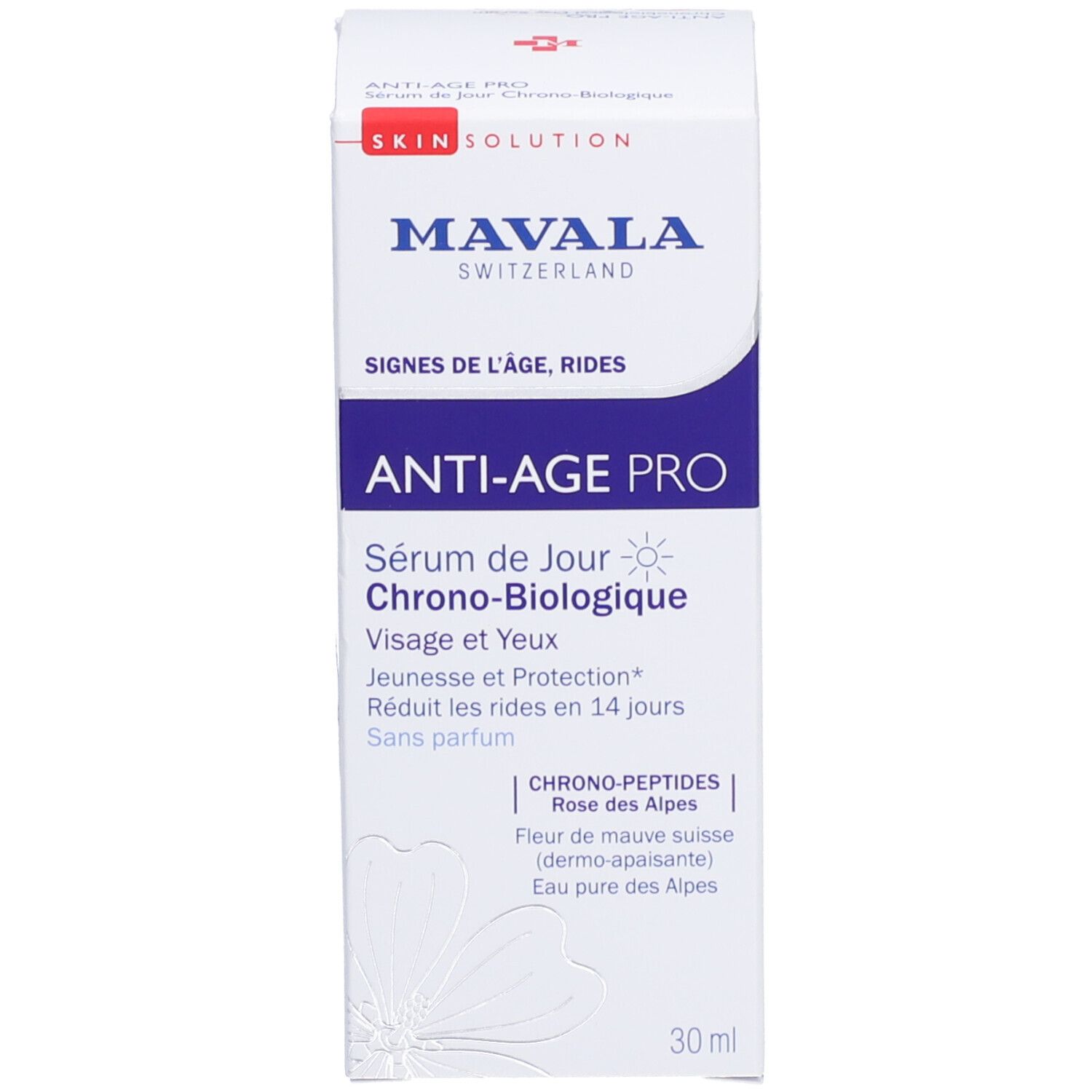 Produktverpackung. Aufschrift: MAVALA ANTI-AGE PRO, Day Serum. Text und Logo.
