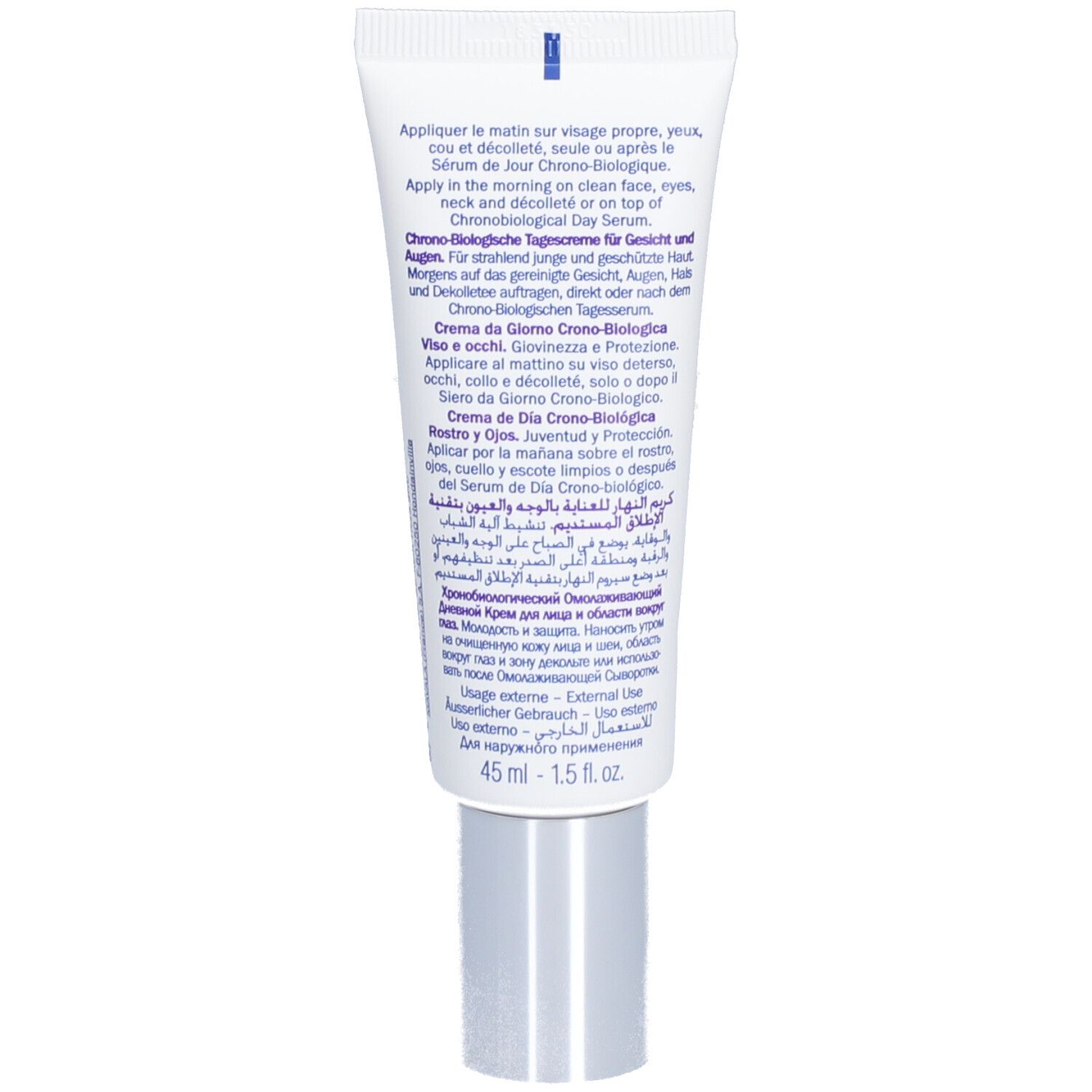 Dos du tube de crème. Texte multilingue avec instructions et informations sur le produit. Volume : 45 ml.