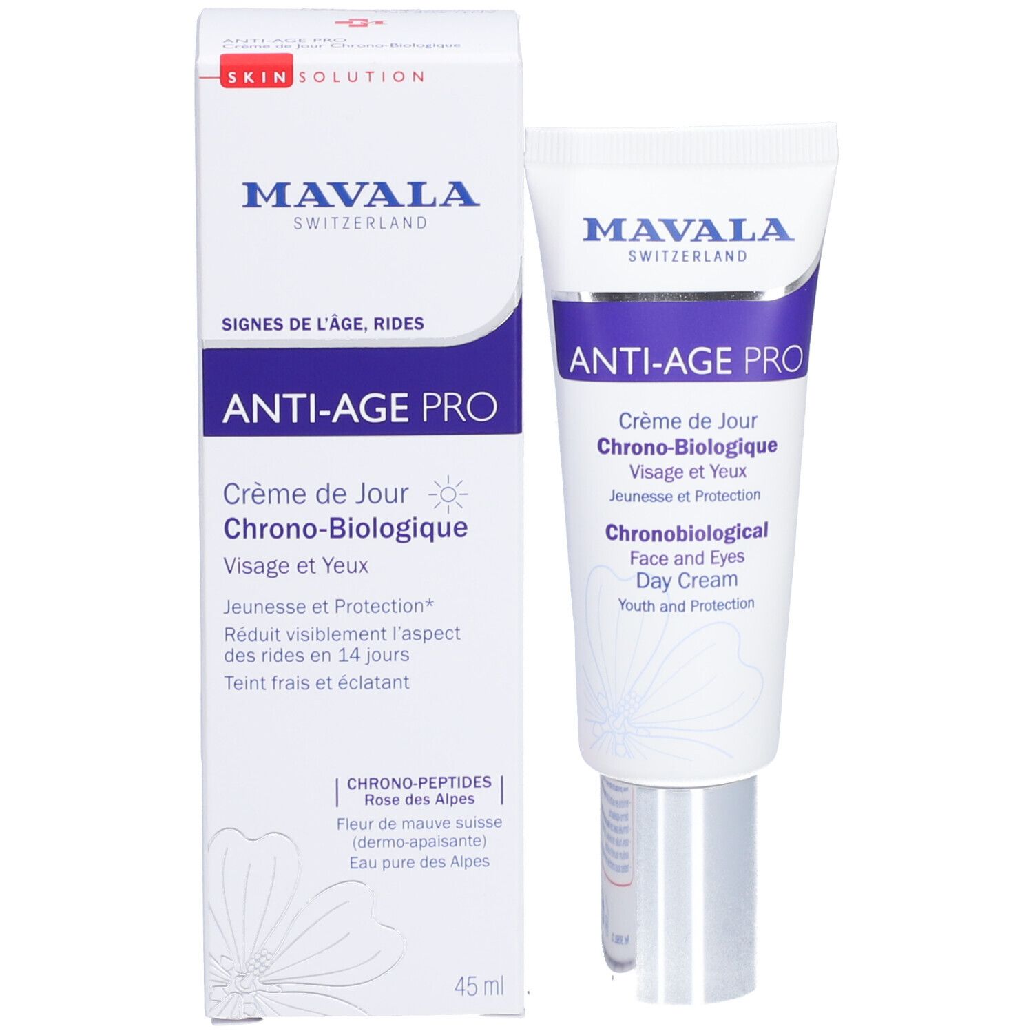 Emballage et tube du produit. Marque Mavala. Crème ANTI-AGE PRO. Emballage avec informations et logo.