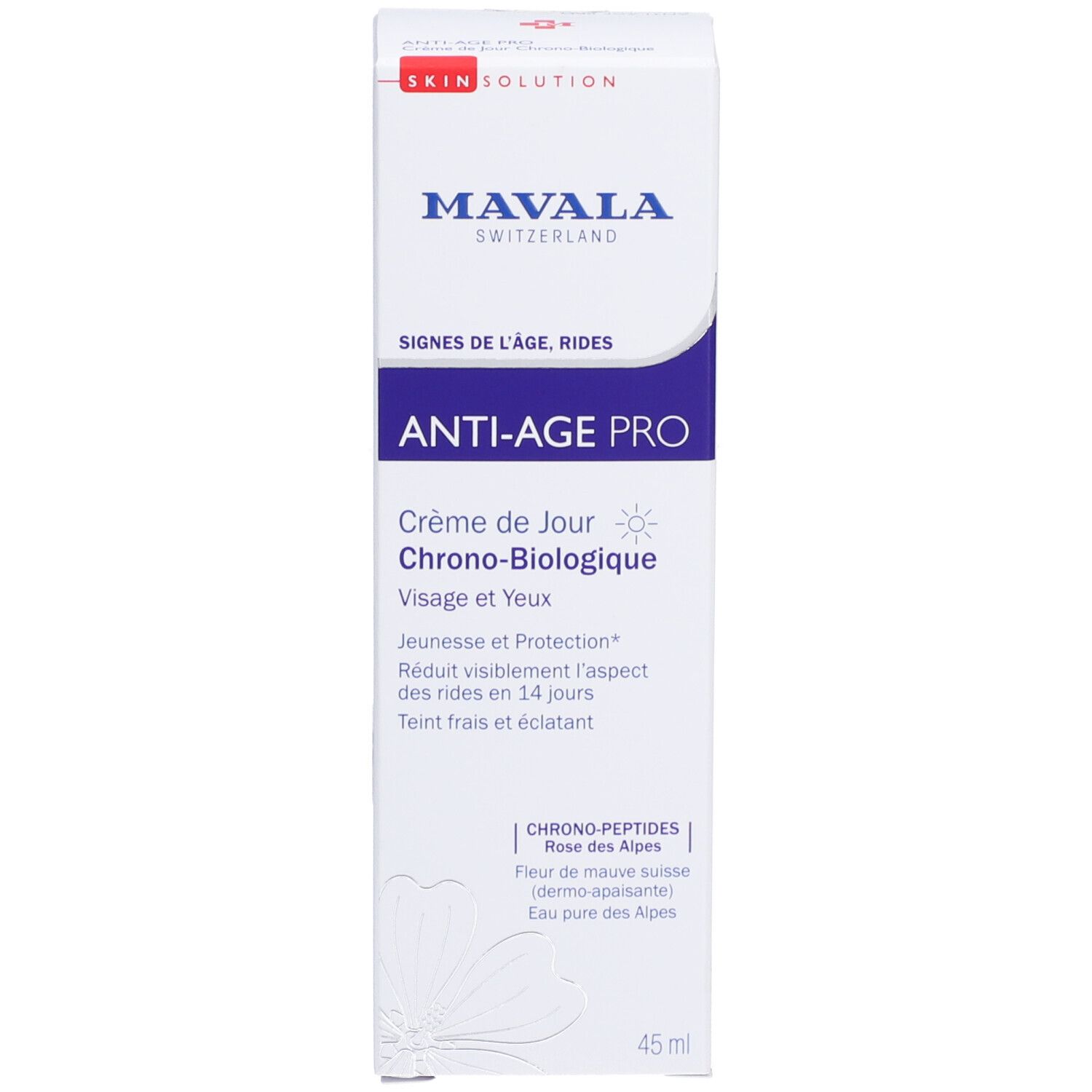 Emballage du produit. Marque Mavala. Crème ANTI-AGE PRO. Emballage avec informations et logo. Volume : 45 ml.