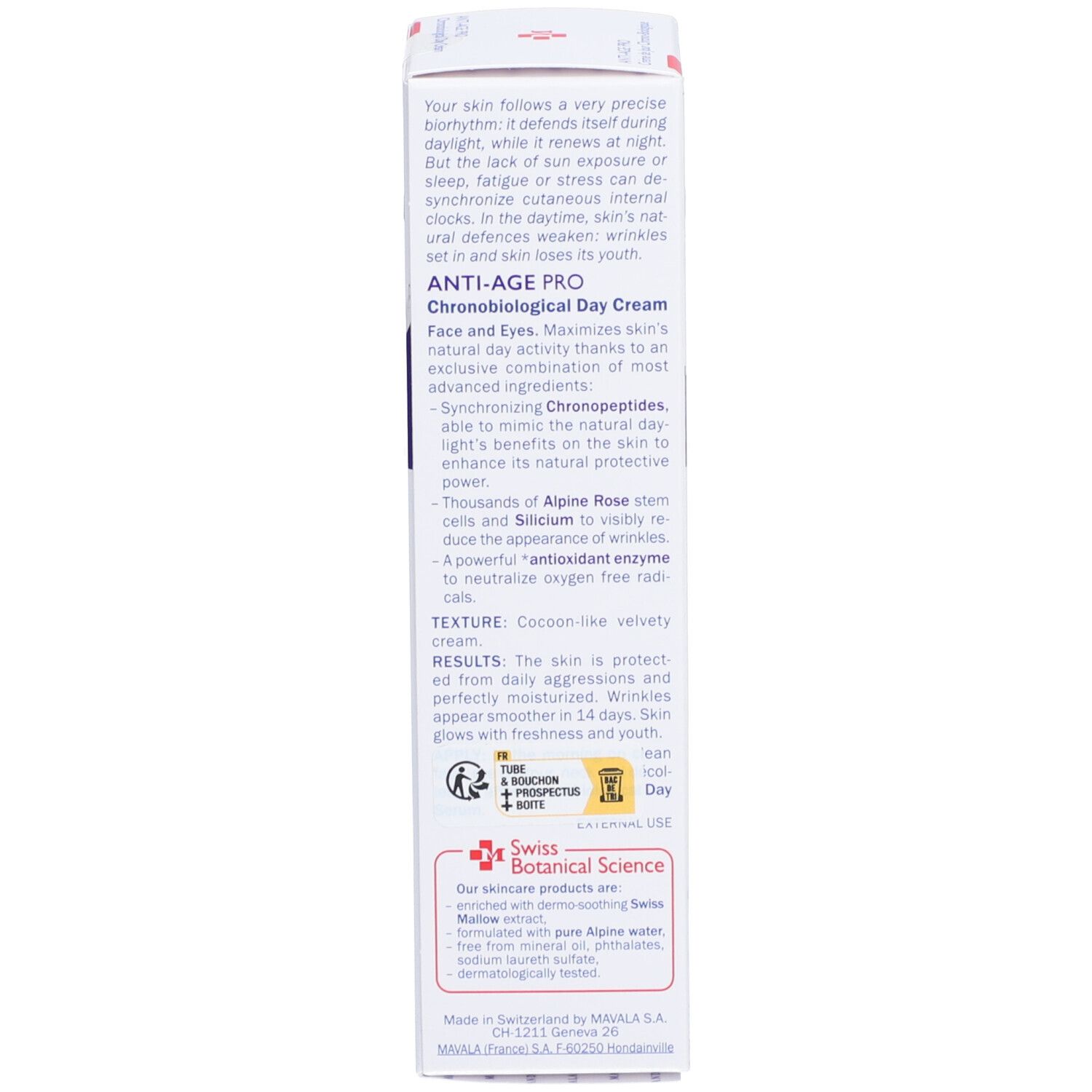 Emballage du produit. Dos avec informations, ingrédients et certifications. Marque Mavala.