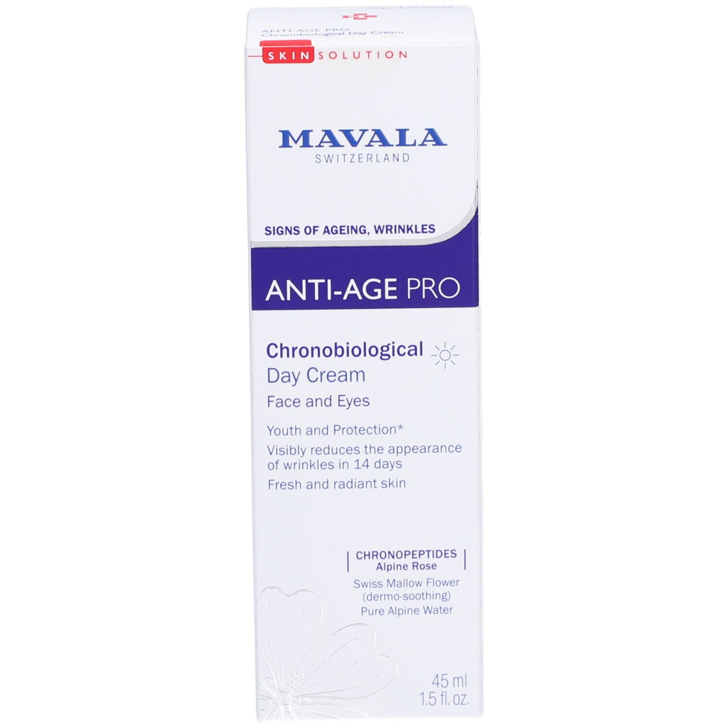 Emballage du produit. Face avant avec nom du produit, marque Mavala et informations. Volume : 45 ml.