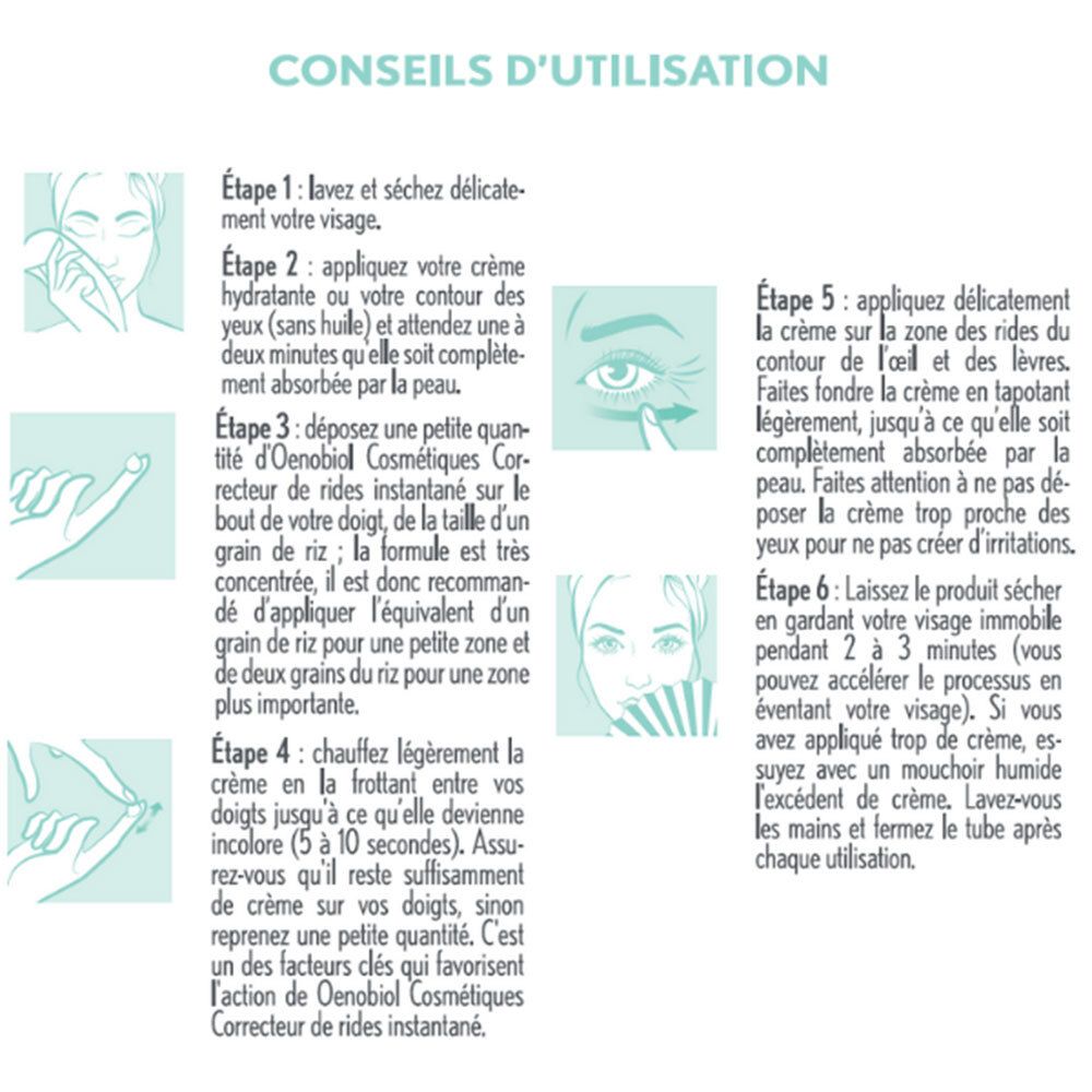 Instructions d'utilisation. Illustrations et texte. Étapes pour appliquer la crème.